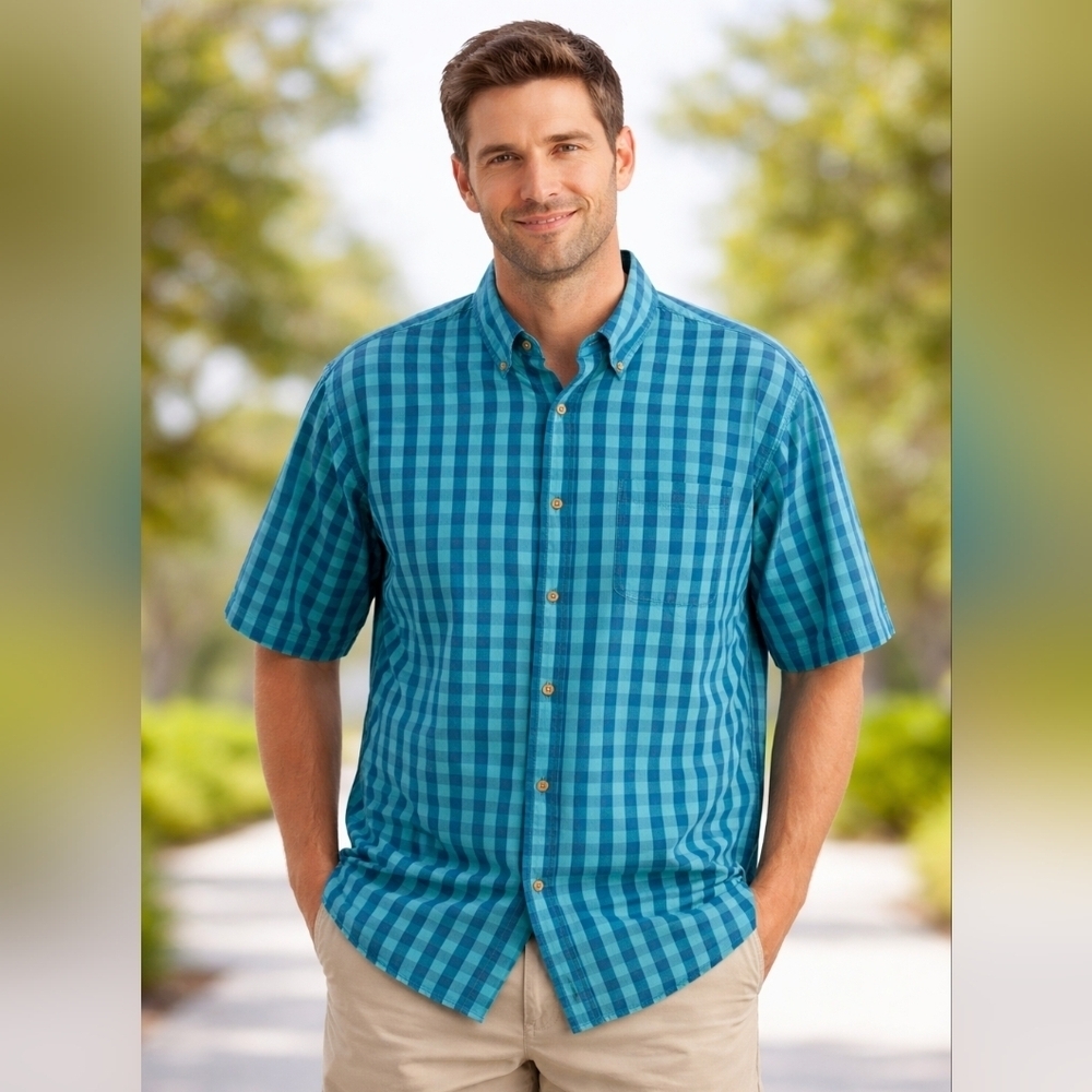 Duluth Trading Co Men’s Blue Teal Plaid Short Sleeve Button Down Shirt Size XL